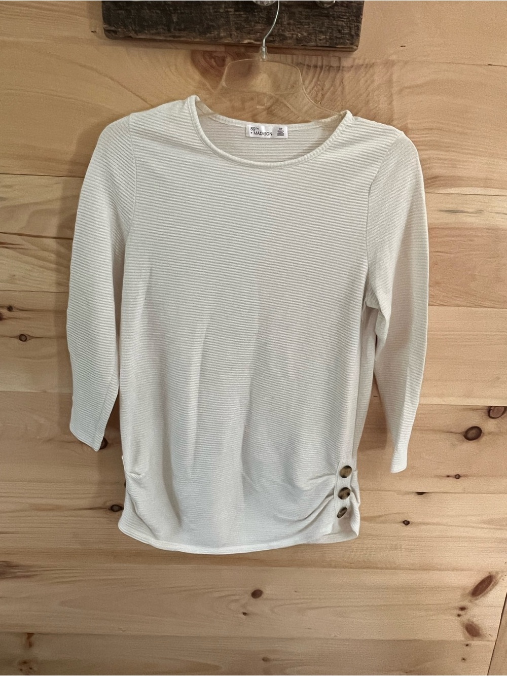 89th & Madison Ivory Ribbed Button-Side Long Sleeve Top Small